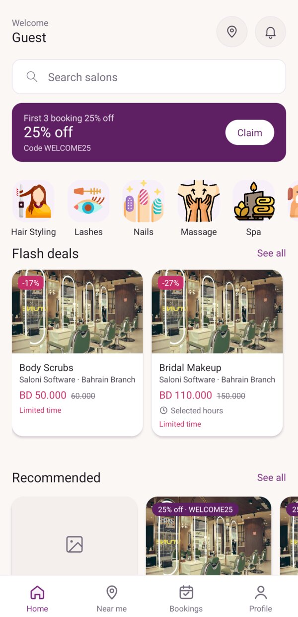 Saloni app home screen